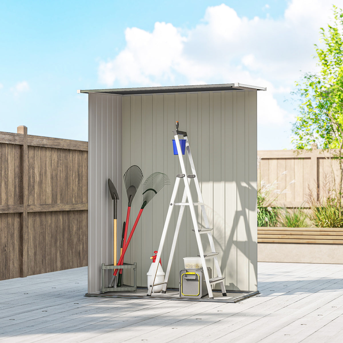 Abrigo de Jardim 1,07m² 142x84x189cm Abrigo de Jardim de Aço Galvanizado com Porta Fechadura e Orifícios de Drenagem para Armazenamento de Ferramentas Cinza — foto 7