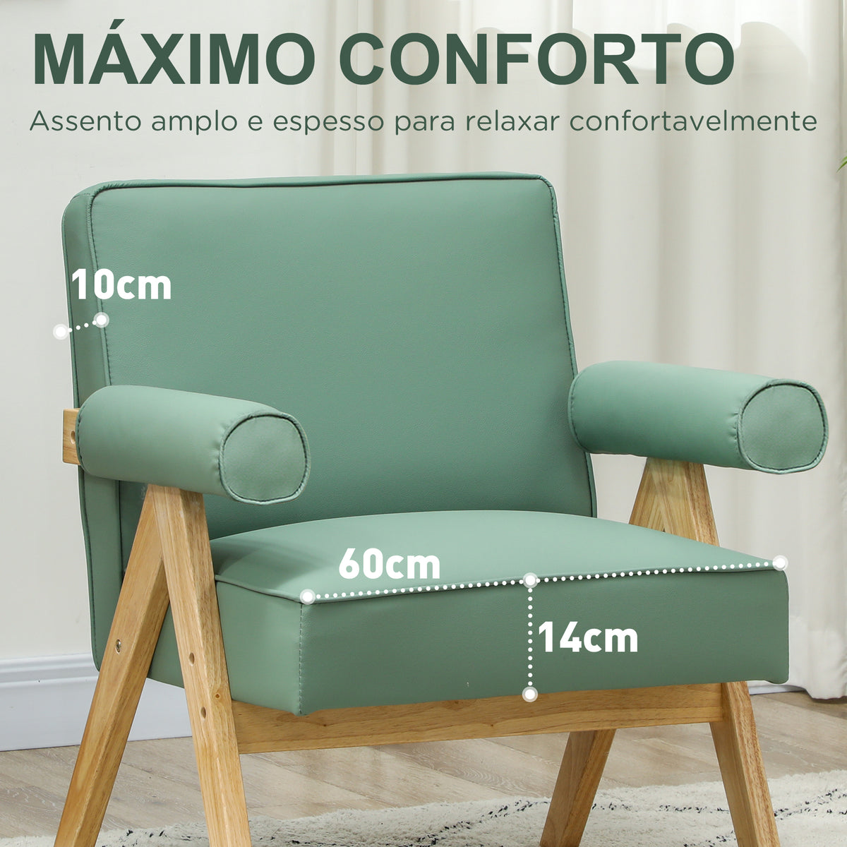 Poltrona Sala de Estar Poltrona Nórdica Poltrona Estofada em PU com Apoio para os Braços e Estrutura de Madeira de Borracha para Dormitório Carga 120 kg 73x70x80 cm Verde — foto 4
