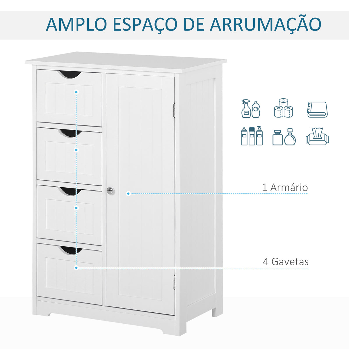 Armário Casa de Banho de Madeira Móvel Auxiliar Organizador Moderno de Madeira com 1 Armário e Gavetas 56x30x83 cm Branco — foto 4