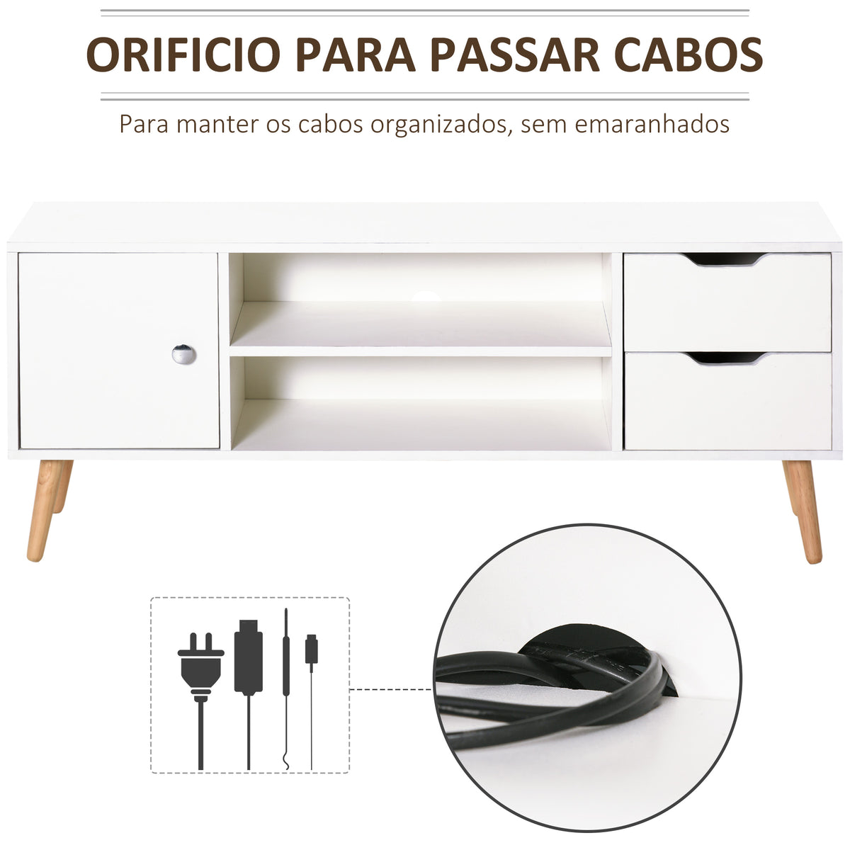 Armário de TV Grande armazenamento com armário prateleiras e gavetas abertas Carga 30 kg 120x28x44 cm Branco — foto 4