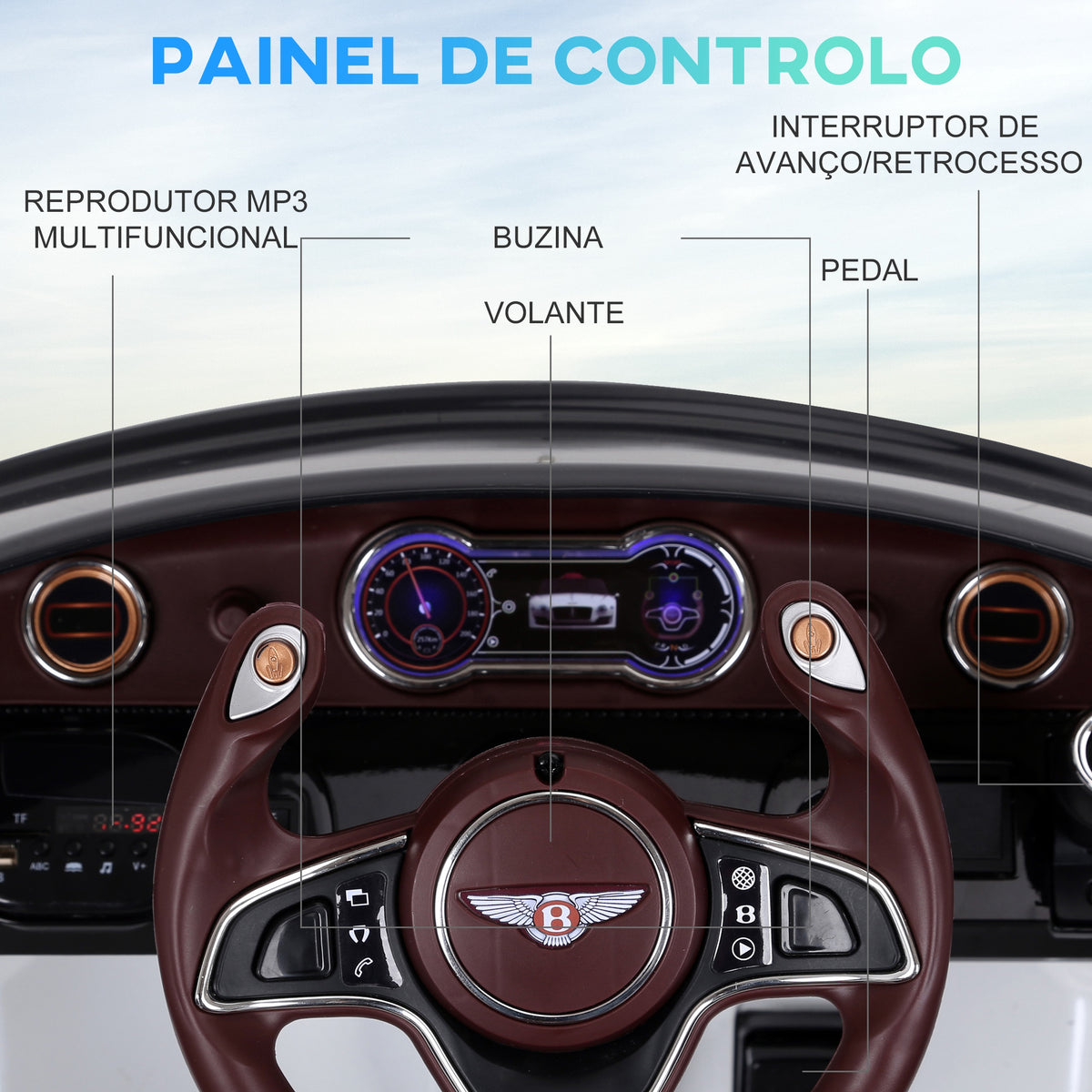 Carro elétrico com controle remoto 2 velocidades com faróis musica licencia de Bentley GT para crianças acima de 3 anos 108x60x43 cm Branco — foto 5
