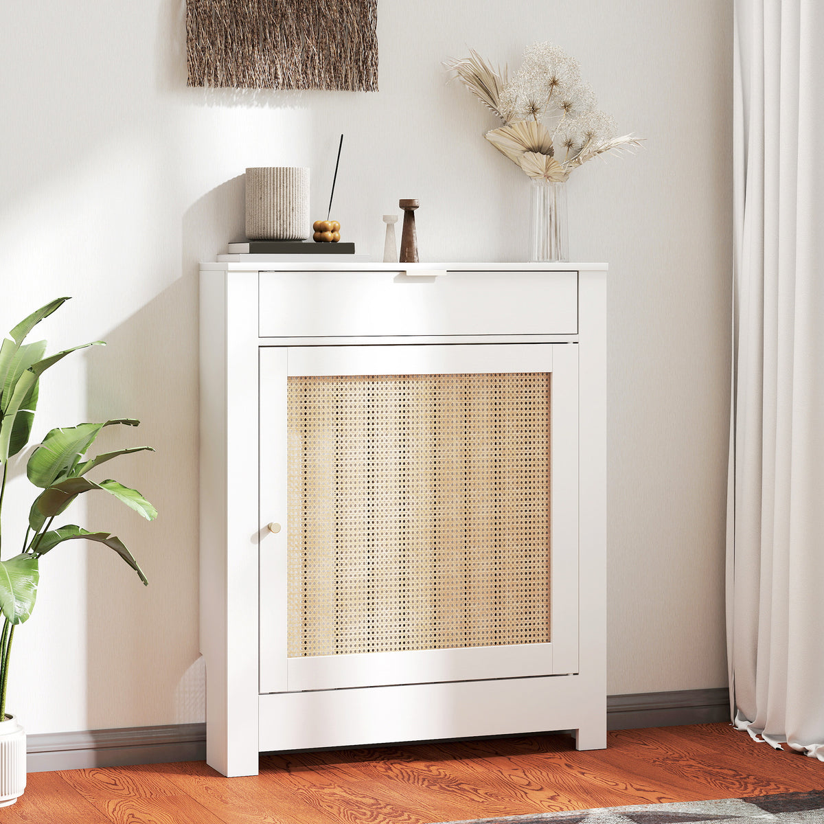 Cobertura para Radiador com Porta Rebatível e Vime Proteção Radiador de MDF 78x19x95,5 cm com Compartimento Desenho Boémio para Sala Quarto Branco — foto 2