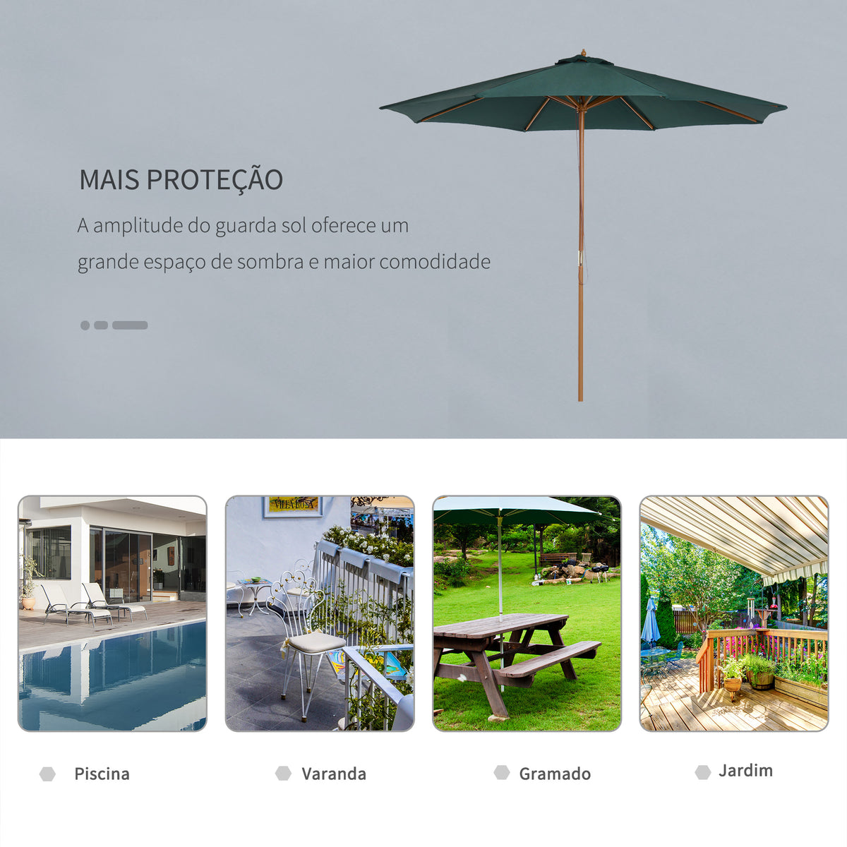 Chapéu de Sol Ø300x250cm Chapéu de Sol com Mastro de Madeira com 8 Hastes Sistema de Polia com Fixação para Jardim Pátio Terraço Verde — foto 4