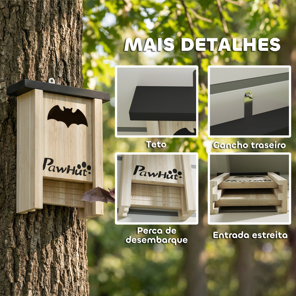 Conjunto de 3 Refúgios para Morcegos Caixas de Madeira para Exterior, Jardim Horta ou Quinta com Plataforma de Aterragem e Fácil de Pendurar 18x6x22,5 cm — foto 6