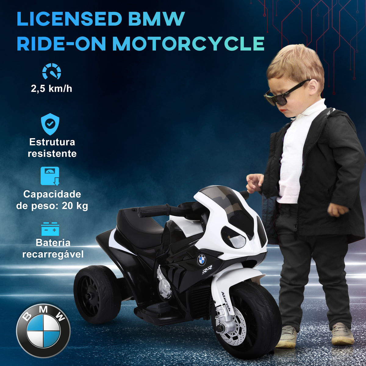 Mota Elétrica BMW para Crianças entre 18-36 Meses 6V com Faróis Música e Velocidade Máx. de 2,5 km/h 66x37x44 cm Preto — foto 5