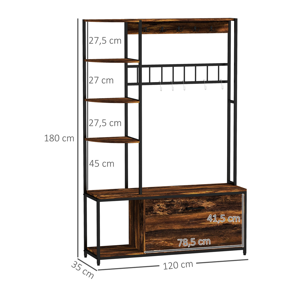 Móvel Cabide de Entrada com Sapateira Móvel de Entrada 4 em 1 com Banco Sapateira Prateleiras Ganchos Compartimento e Sistema Anti-Tombo para Corredor Dormitório 120x35x180 cm Marrom Escuro — foto 3