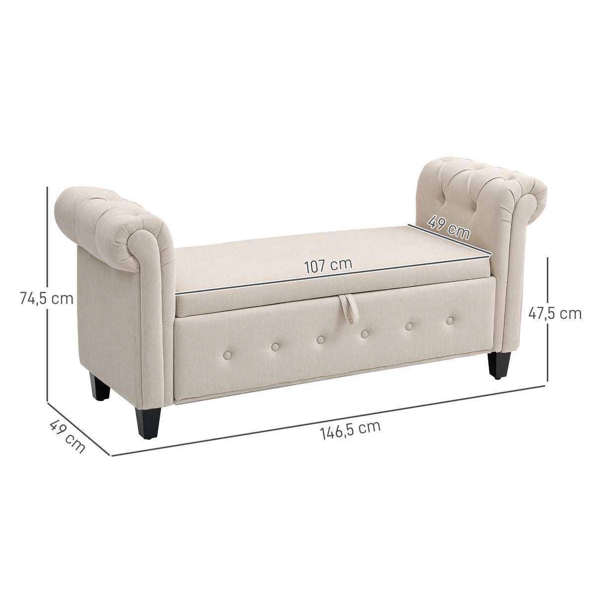 Banco de Pé de Cama Banco de Armazenamento de Linho com Dobradiças na Tampa Pés de Madeira e Apoio para os Braços para Dormitórios Sala de Estar Corredor Carga 150kg 146,5x49x74,5 cm Bege — foto 3