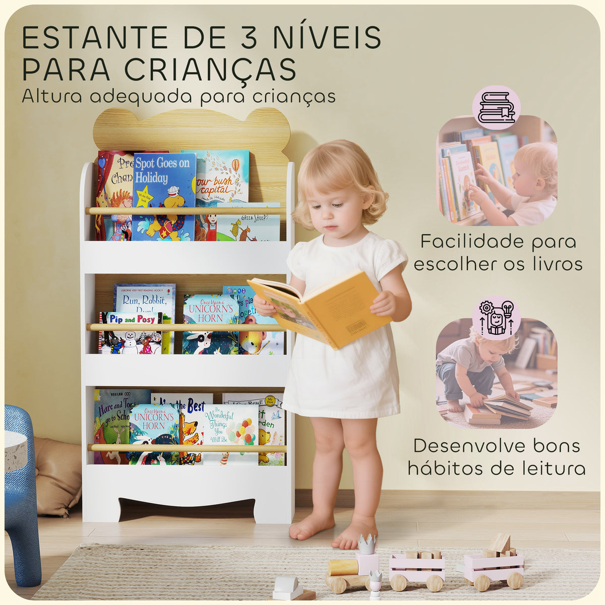 Estante Infantil de 3 Níveis Estante para Livros Infantil Desenho de Ursinho para Sala de Jogos Dormitório Escola Infantil 55x15x110 cm Branco e Madeira — foto 4