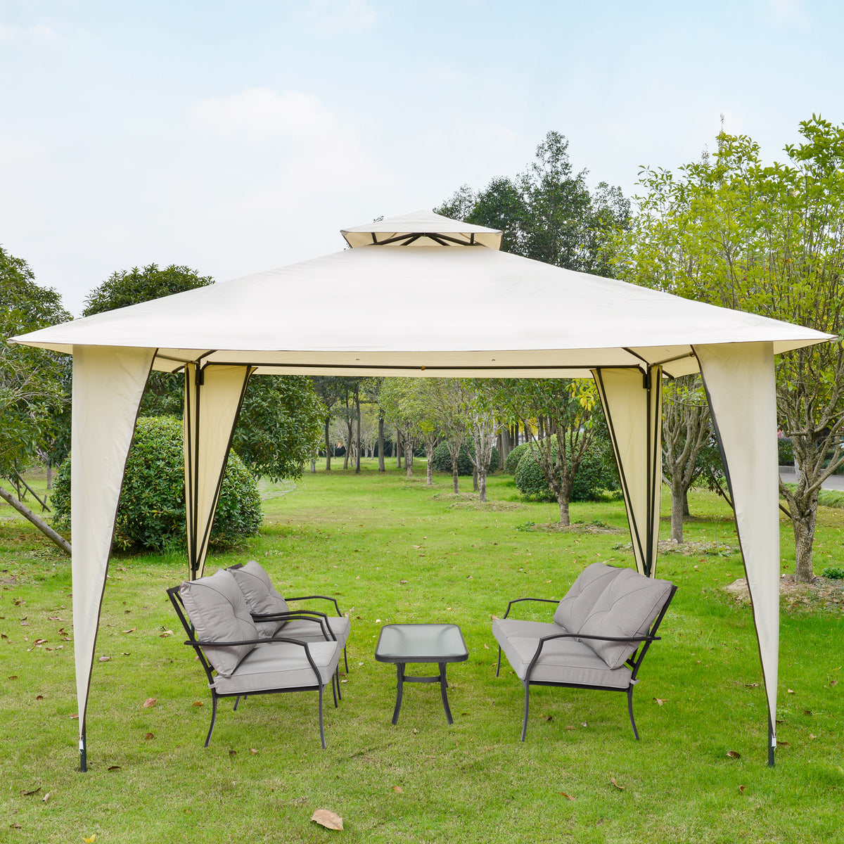 Tenda Gazebo com teto duplo e 8 orifícios de drenagem para festas ao ar livre jardim 3,5 x 3,5 m bege — foto 2