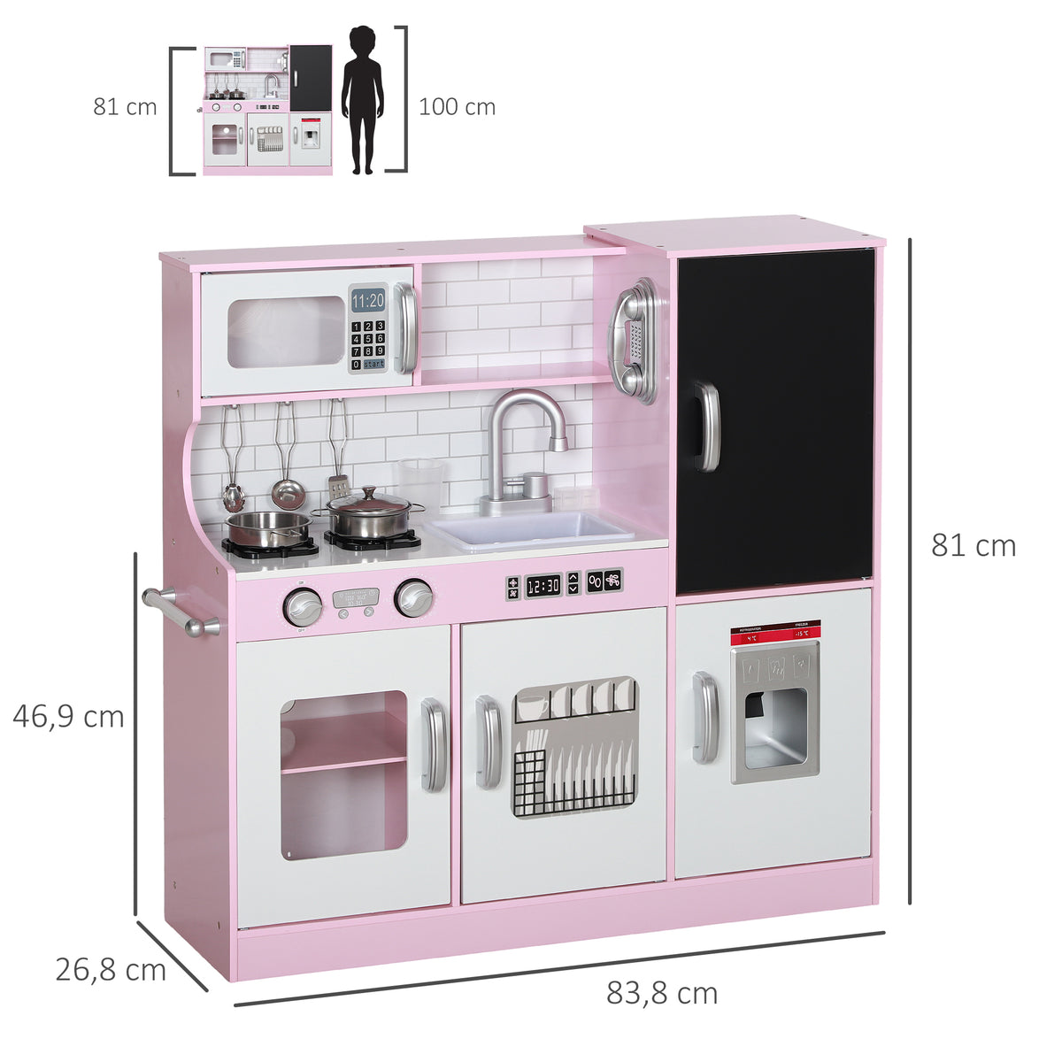 Cozinha de Brincar para Crianças acima de 3 anos Cozinha Infantil de Madeira com Acessórios Máquina de Gelo Ardósia e Telefone 83,8x26,8x81 cm Rosa — foto 3