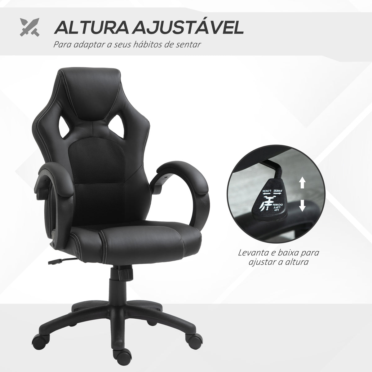 Cadeira de Escritório Ergonómica Cadeira de Escritório Giratória com Altura Ajustável Encosto Alto Estofado em Couro PU e Malha Transpirável 71x61x108-118cm Preto — foto 4