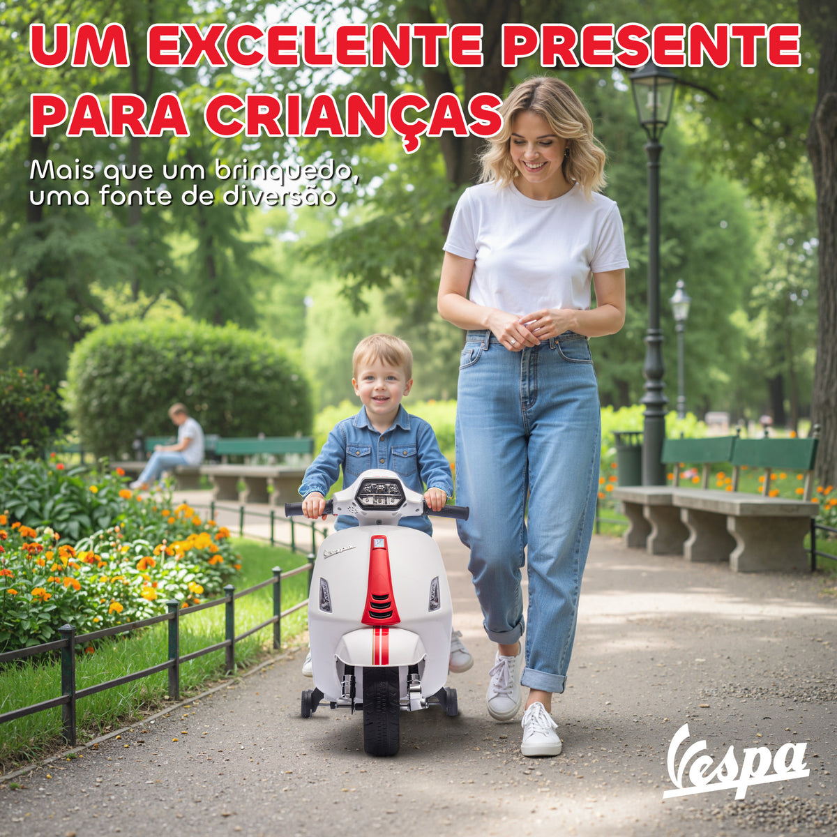 Mota Elétrica para Crianças 6V com Licença Vespa Mota Elétrica Infantil com Rodas Auxiliares Velocidade de 2,5km/h Farol e Buzina para Crianças de 2-6 Anos 71x37x52 cm Branco — foto 7