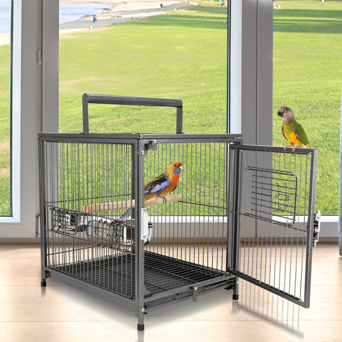 Gaiola de pássaro metálica espaçosa para papagaios com 4 portas 2 alimentadores de aço inoxidável removíveis 46x36x56cm — foto 2