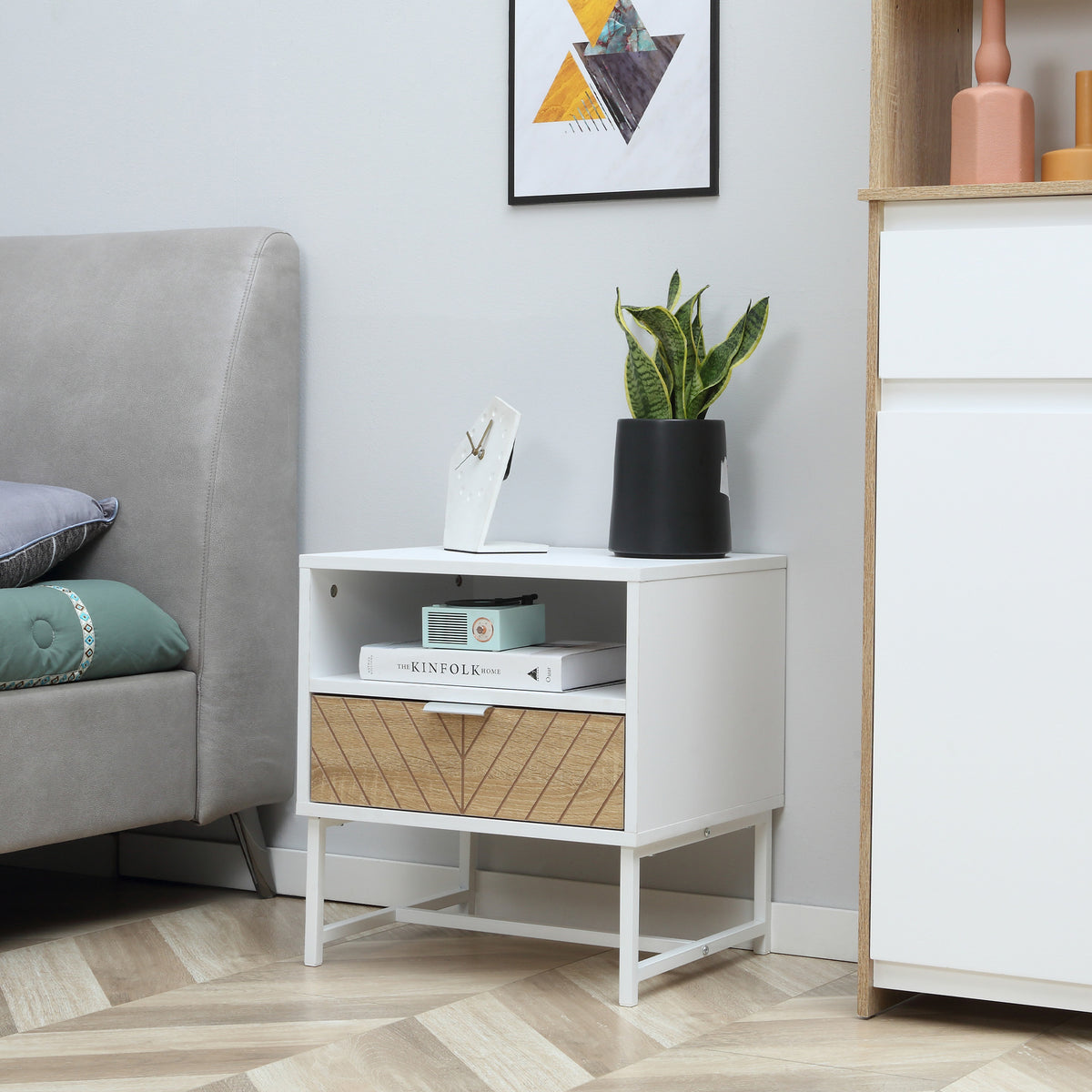 Mesa de Cabeceira Moderna Mesa de Cabeceira com Gaveta e Compartimento Mesa de Cabeceira para Dormitório Sala de Estar 45x39x48 cm Branco e Carvalho — foto 2