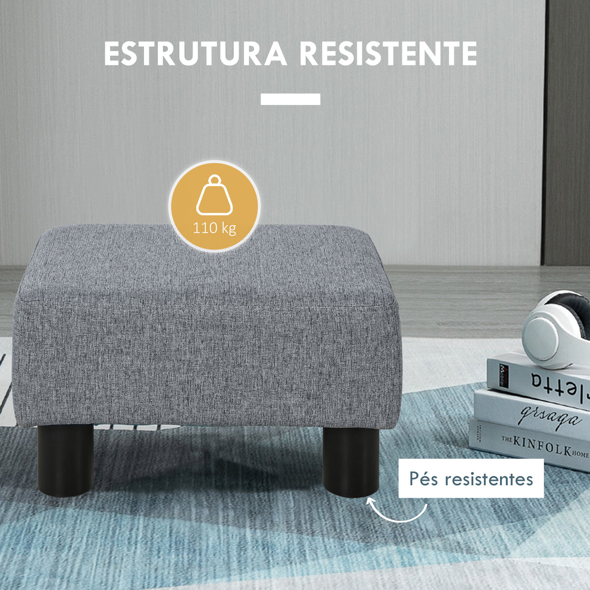 Apoio para os Pés de Sala de Estar Banco Baixo em Linho Banco Retangular com Estrutura de Madeira para Sala de Estar Dormitório 40x30x24 cm Cinzento — foto 5