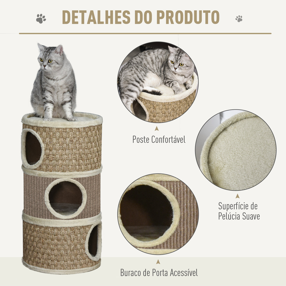 Torre Arranhadora para Gatos de 3 Níveis, Altura 70 cm, Cama para Gatos com Sisal, Móvel Arranhador, Ø37,5x70 cm, Caqui e Castanho — foto 5