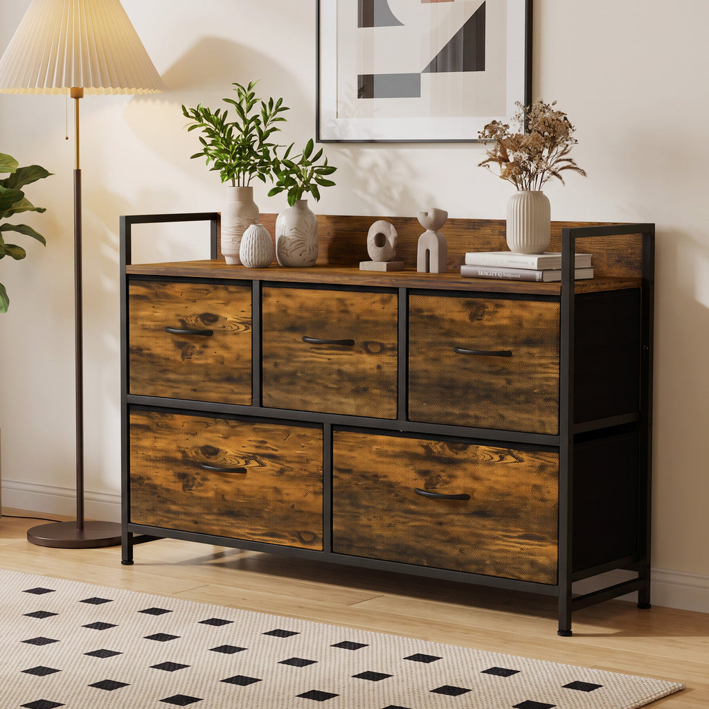 Cómoda de Quarto com 5 Gavetas, Cómoda em Tecido com Tampo de Madeira, Castanho e Preto — imagem 10