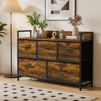Cómoda de Quarto com 5 Gavetas, Cómoda em Tecido com Tampo de Madeira, Castanho e Preto — imagem 10