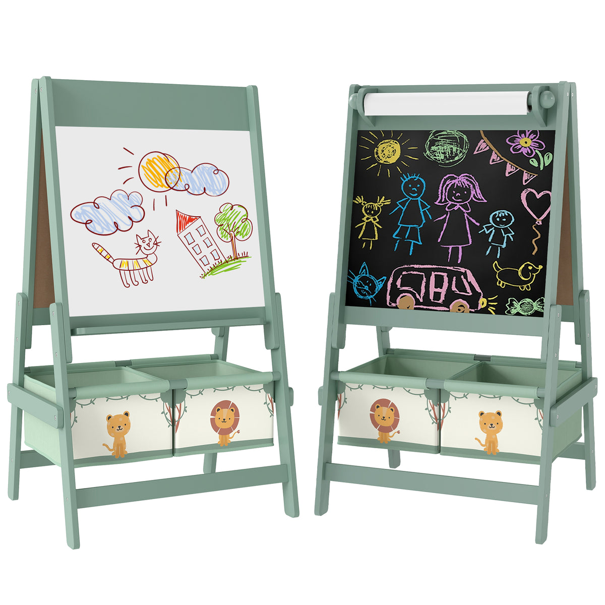 Cavalete de Pintura para Crianças 3 em 1 Quadro Infantil de Dupla Face para Crianças acima de 3 Anos com Rolo de Papel e Cestos de Arrumação 54x46x94 cm Verde — foto 1