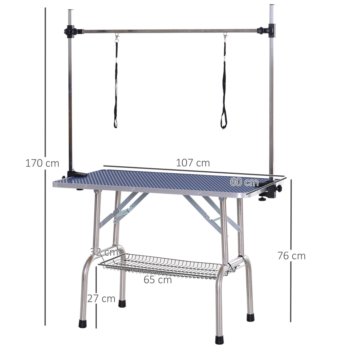 Mesa de Tosquia para Animais de Estimação Mesa de Tosquia para Cães Dobrável com Prateleira de Armazenamento Estrutura de Aço e Altura Ajustável 20-80 cm 107x60x170 cm Azul — foto 3