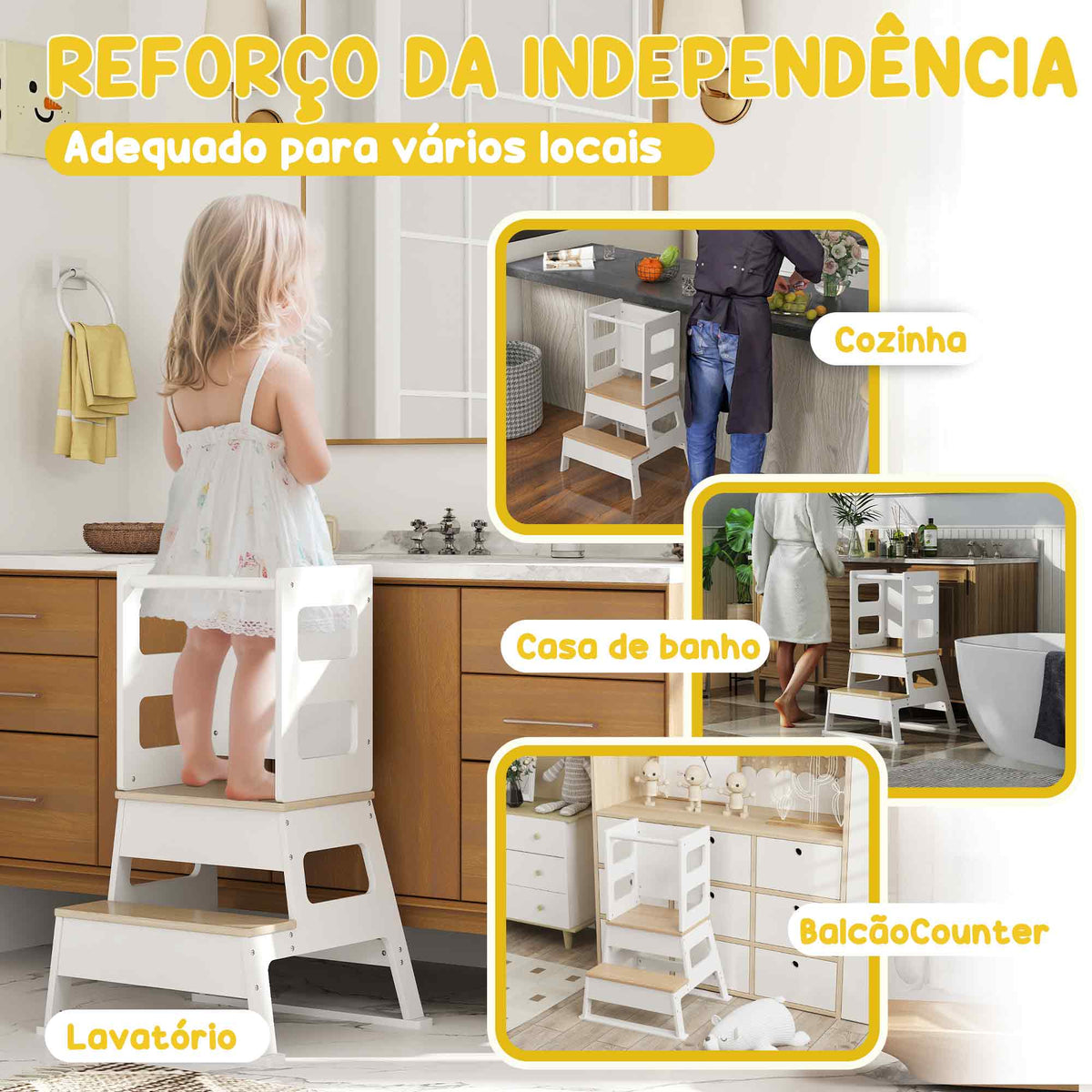 Torre de Aprendizagem 2 em 1 Torre de Aprendizagem para Crianças acima de 3 Anos com Ardósia e Barreira de Segurança para Casa de Banho Cozinha 55x52,5x87,5 cm Branco — foto 4