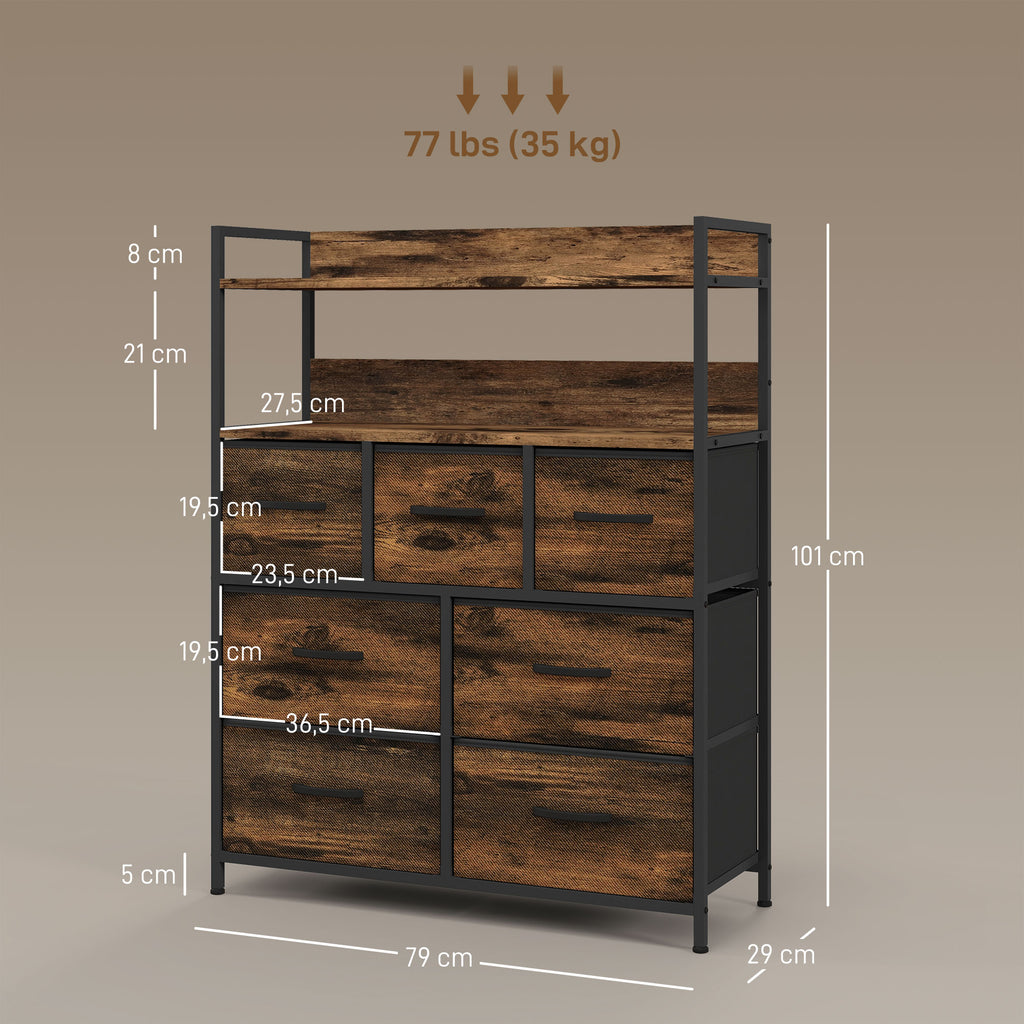 Cómoda para Dormitório Cómoda com 7 Gavetas Dobráveis Prateleiras Abertas e Estrutura de Aço Cómoda Estreito para Sala Entrada 79x29x101 cm Castanho Rústico — foto 3