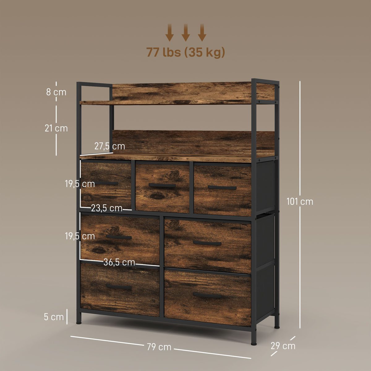 Cómoda para Dormitório Cómoda com 7 Gavetas Dobráveis Prateleiras Abertas e Estrutura de Aço Cómoda Estreito para Sala Entrada 79x29x101 cm Castanho Rústico — foto 3