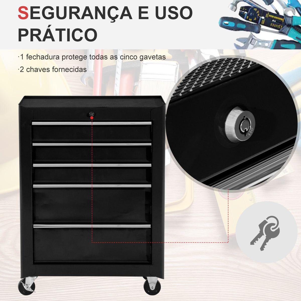 Carrinho de Ferramentas para Oficina com Rodas e 5 Gavetas Carrinho de Ferramentas com Fechadura e Alça Lateral 61,5x33x85 cm Preto — foto 5