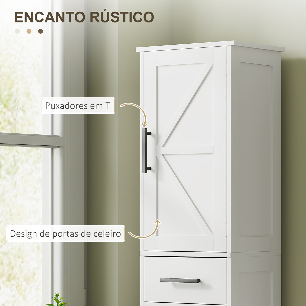 Coluna de Casa de Banho com 2 Portas 1 Gaveta e 2 Prateleiras Ajustáveis Armário Alto de Casa de Banho Estreito Estilo Rústico 40x30x170 cm Branco — foto 4