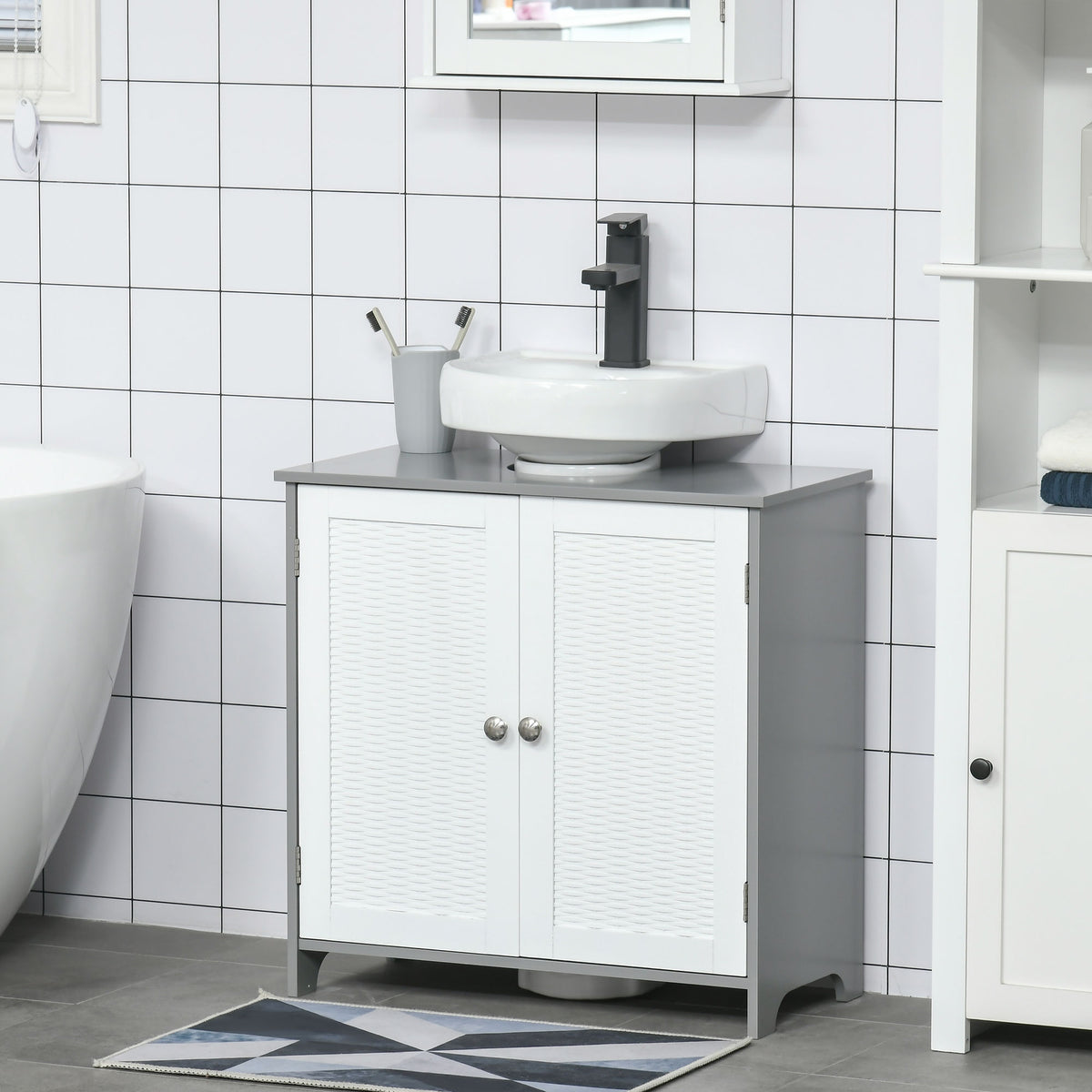 Móvel para Lavatório Pousar Móvel Casa de Banho de Madeira com 1 Armário 2 Prateleiras Interiores 60x30x60cm Branco e Cinza — foto 2