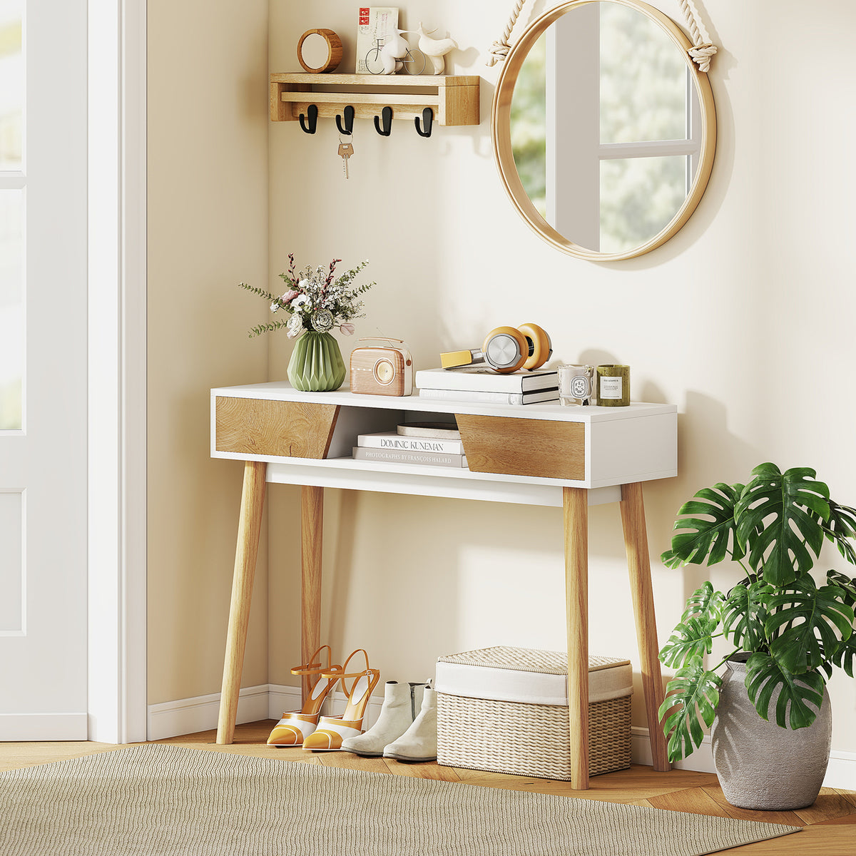 Mesa de Consola Estreita Consola de Entrada Mesa Consola Moderna com 2 Gavetas Compartimento e Pés de Madeira para Corredor Entrada Sala de Estar Dormitório 100x30x75 cm Branco — foto 2