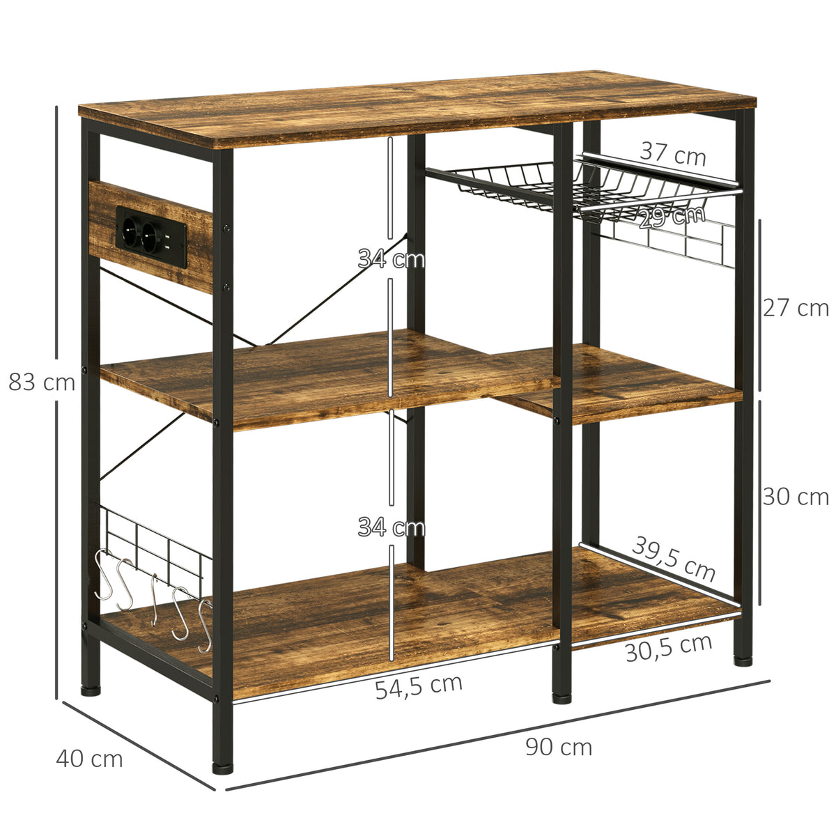 Estante de Cozinha Estilo Industrial Estante de Cozinha com Tomada Elétrica Prateleiras Ajustáveis Ganchos e Cesta Metálica 90x40x83 cm Marrom Rústico — foto 3