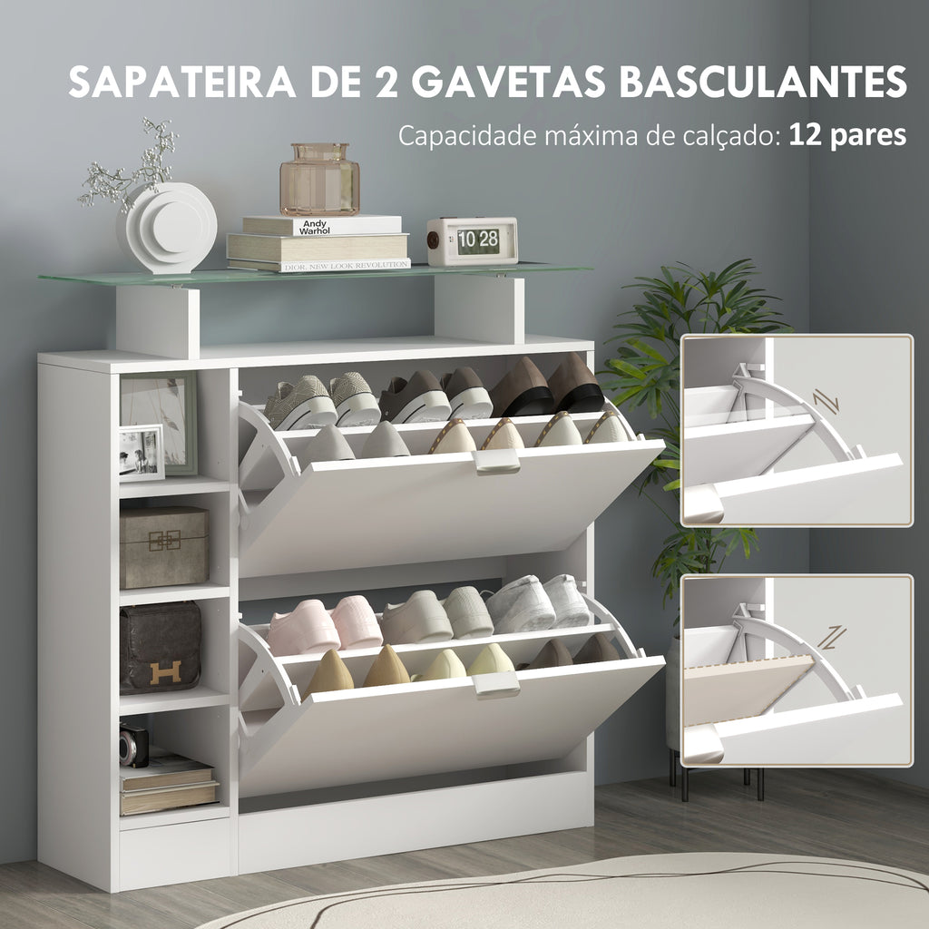 Sapateiro Moderno Sapateiro de Entrada Hall com Gavetas Basculantes, Prateleiras Ajustáveis e Prateleiras Abertas para 12 Pares de Sapatos Sapateiro Estreito para Corredor 89x25x92 cm Branco — foto 4
