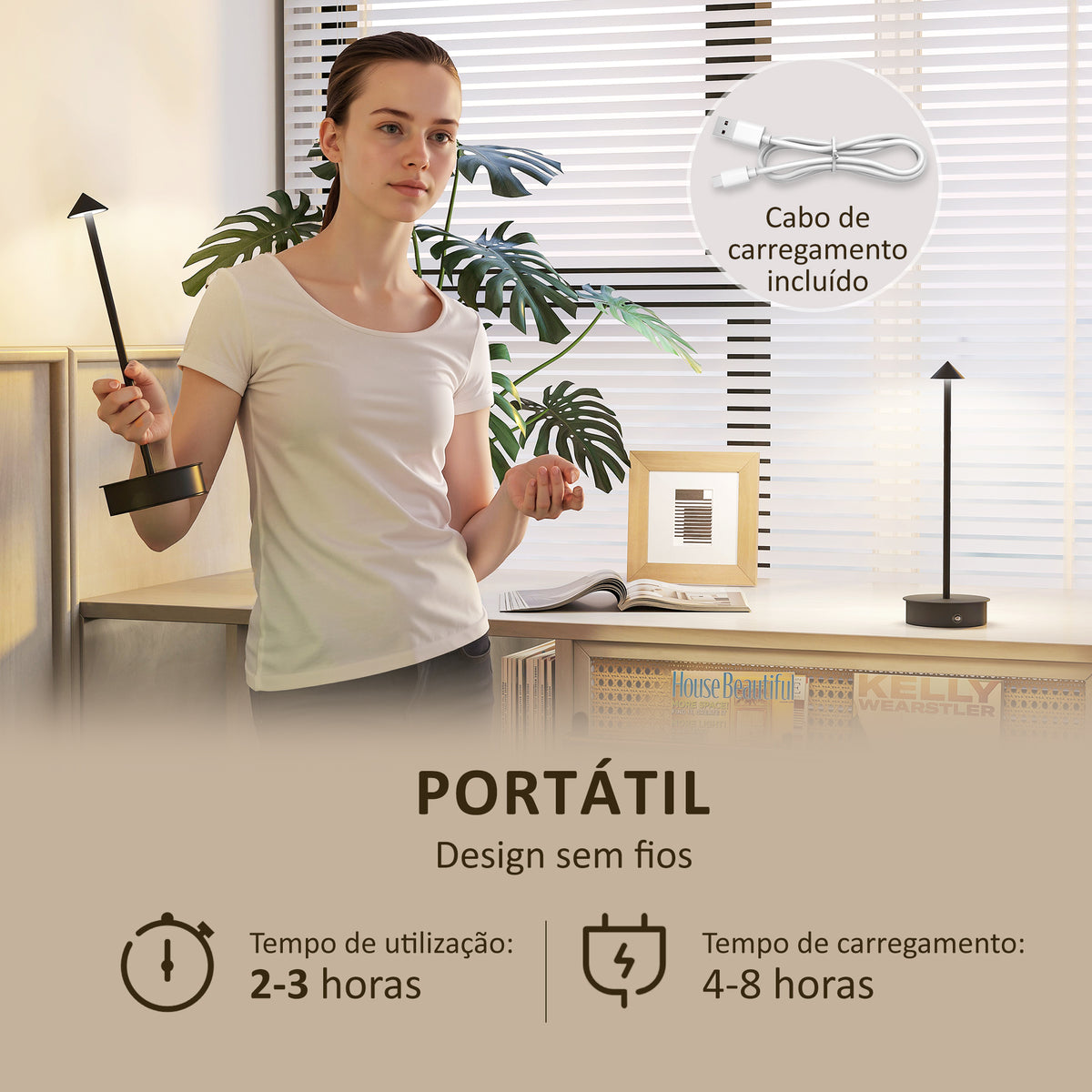 Conjunto de 2 Candeeiros de Mesa Recarregáveis por USB Reguláveis com Controlo Táctil 3000K/4500K/6500K Luz LED Incluída para Quarto Sala ou Escritório Ø10x30 cm Preto — foto 5
