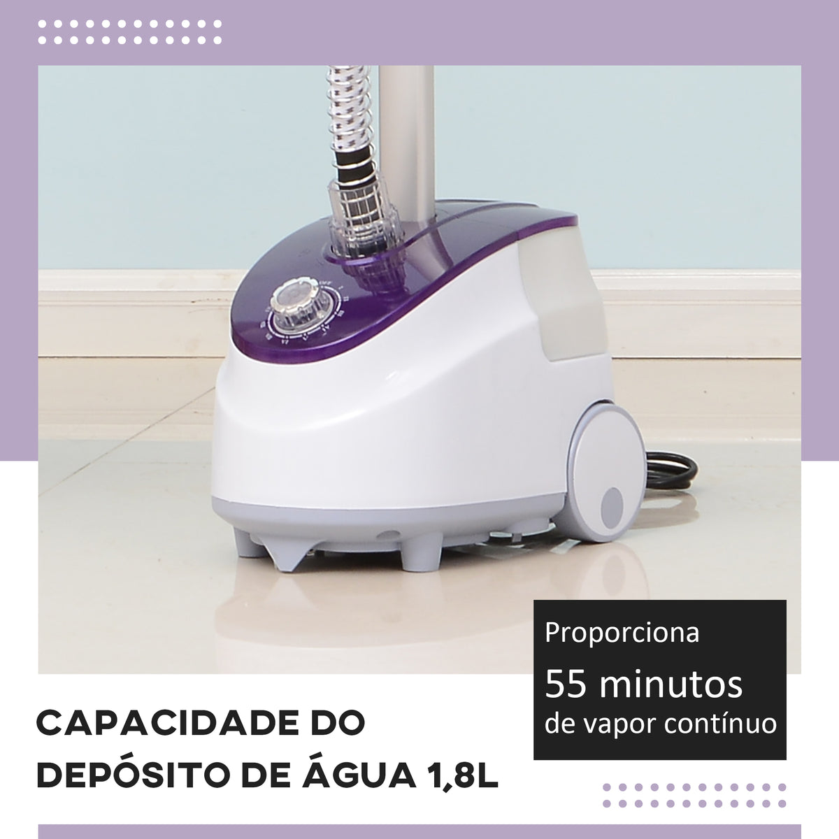 Ferro de Engomar a Vapor com Depósito de 1,8L e Temperatura Ajustável em 11 Níveis Ferro de Engomar a Vapor Vertical 21,5x30x150 cm Branco e Roxo — foto 4