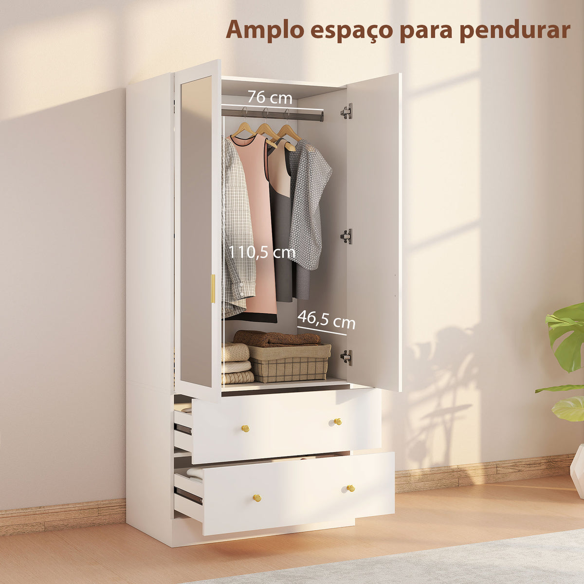 Roupeiro com 2 Portas e 2 Gavetas Armário Roupeiro com Espelho Barra para Pendurar Estilo Moderno 80x50x180 cm Branco — foto 4