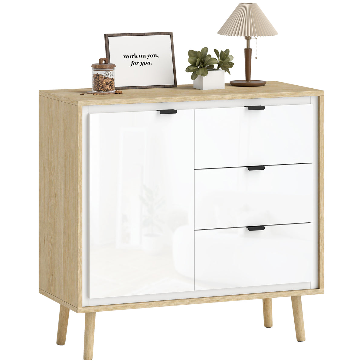 Aparador de Sala Moderno com 3 Gavetas Prateleira Ajustável e Pés em Madeira para Cozinha Entrada Quarto 80x35x77 cm Branco Brilhante e Carvalho — foto 1