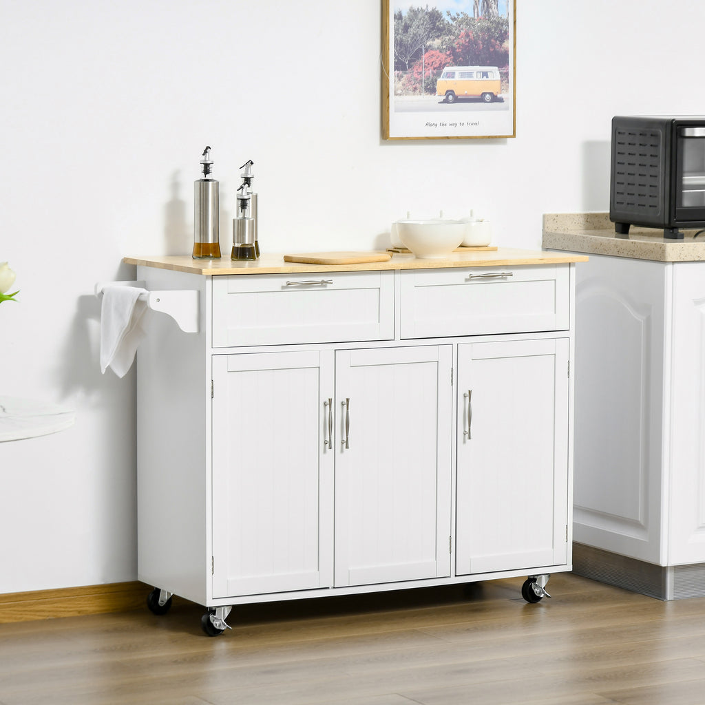 Carrinho de Cozinha com Rodas Carrinho de Cozinha Multiuso com 2 Gavetas 3 Portas Prateleiras Ajustáveis e Barra para Sala de Jantar 121x46x91cm Branco e Madeira — foto 2