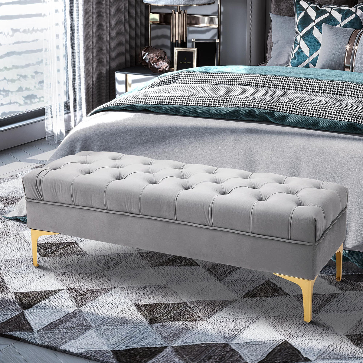 Banco de Pé de Cama com Assento Acolchoado e Pés Metálicos Banco de Quarto para Entrada Corredor Capacidade 120 kg 118x45x42 cm Cinza — foto 2