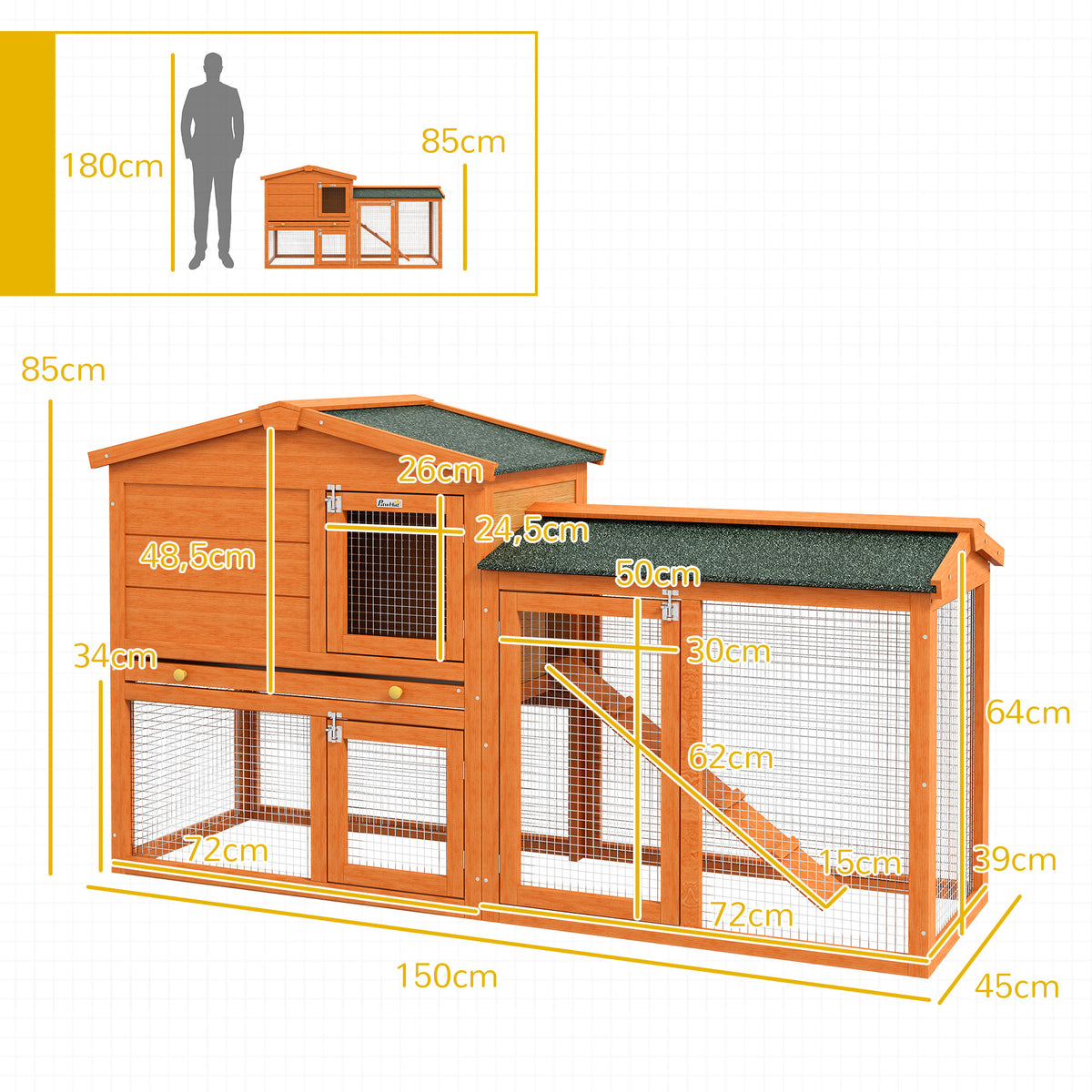 Coelheira de Madeira de 2 Níveis, Jaula Grande para Coelhos com Telhado Asfáltico, Bandeja Removível e Rampa, Coelheira para Exterior, para Porquinhos-da-Índia e Hamsters, 150x45x85 cm, Laranja — foto 3