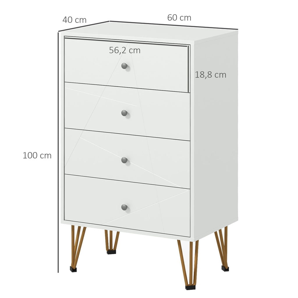 Cómoda de Quarto Moderna Cómoda de Madeira com 4 Gavetas e Pés Metálicos Cómoda de Gavetas para Sala Escritório 60x40x100 cm Branco — foto 3