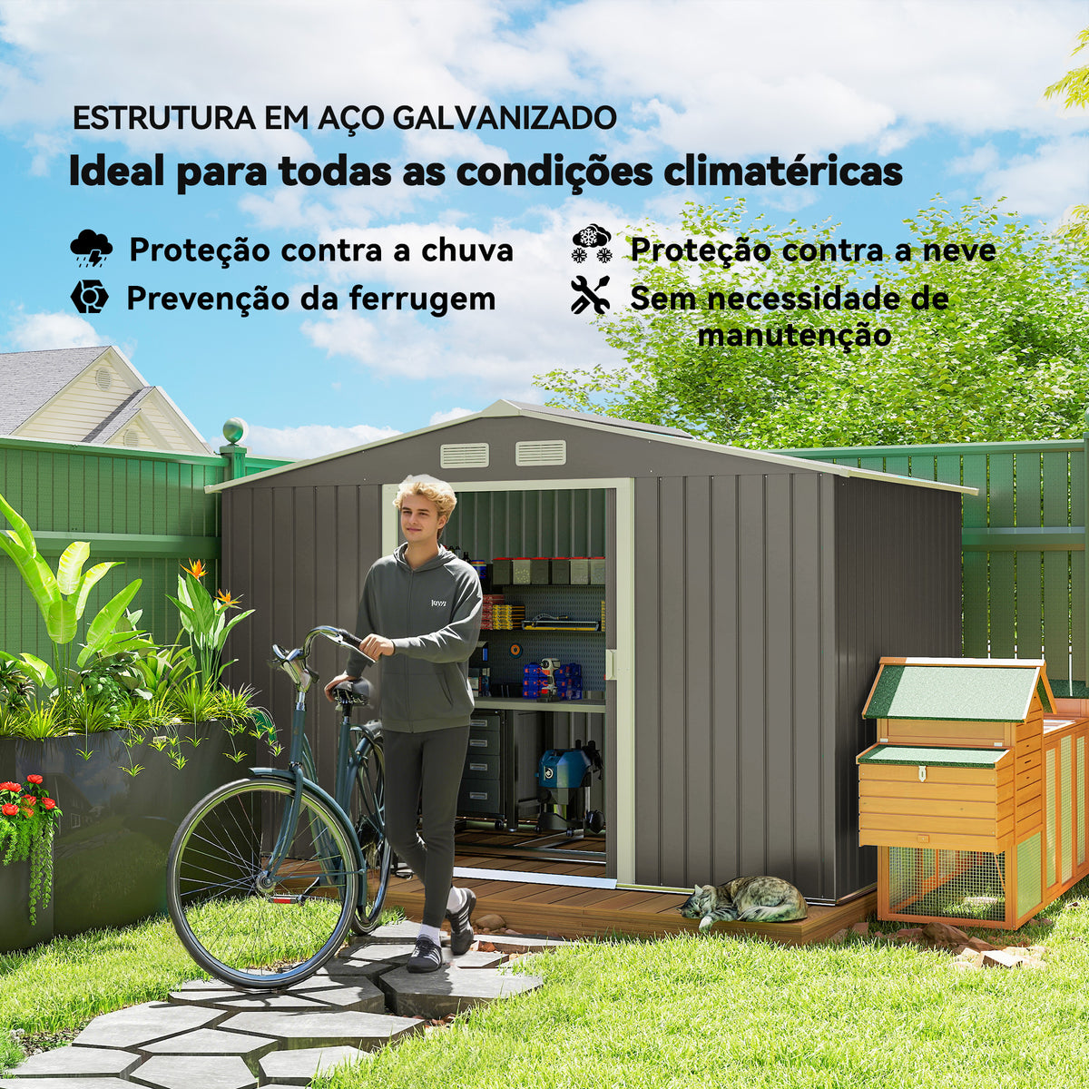 Abrigo de Jardim Exterior 4,83m² 277x195x192cm Abrigo e Jardim Metálico para Armazenamento de Ferramentas com Base de Reforço Incluída e 4 Janelas Cinza — foto 4
