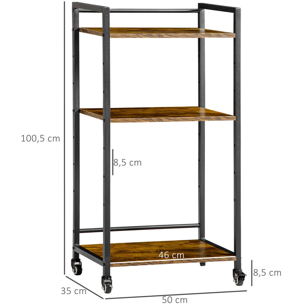 Estante Multifuncional com Rodas Estante de Armazenamento de 3 Níveis com Prateleiras Ajustáveis para Escritório Estúdio Dormitório 50x35x100,5cm Marrom Rústico — foto 3