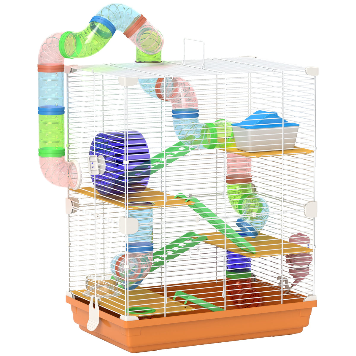 Jaula para Hamster de 5 Níveis, Casa para Roedores Pequenos com Túnel, Plataformas, Tigela, Bebedouro, Casinha, Rampas e Roda de Exercício, para Gerbos, 46x30x58 cm, Laranja — foto 1
