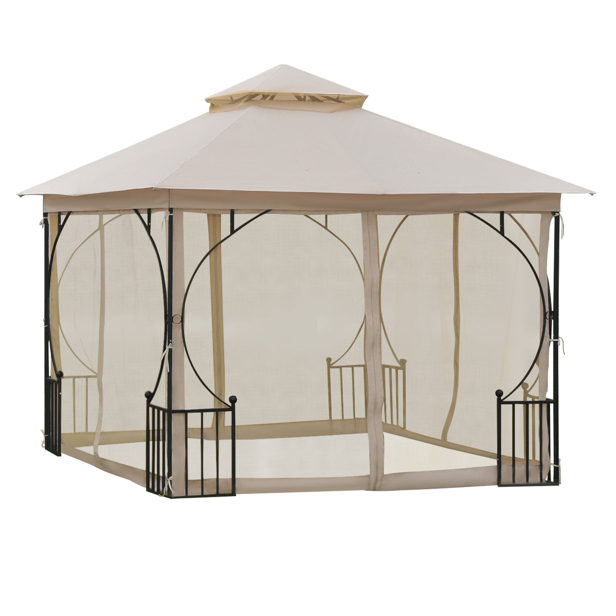 Gazebo de jardim 3x3m com 4 cortinas laterais com zíper e telhado duplo com 8 furos de drenagem bege — foto 1