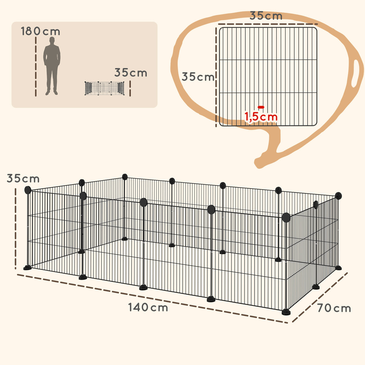 Recinto de Metal para Animais de Estimação Recinto Metálico com 12 Painéis para Pequenos Animais Desmontável DIY 140x70x35 cm Preto — foto 3