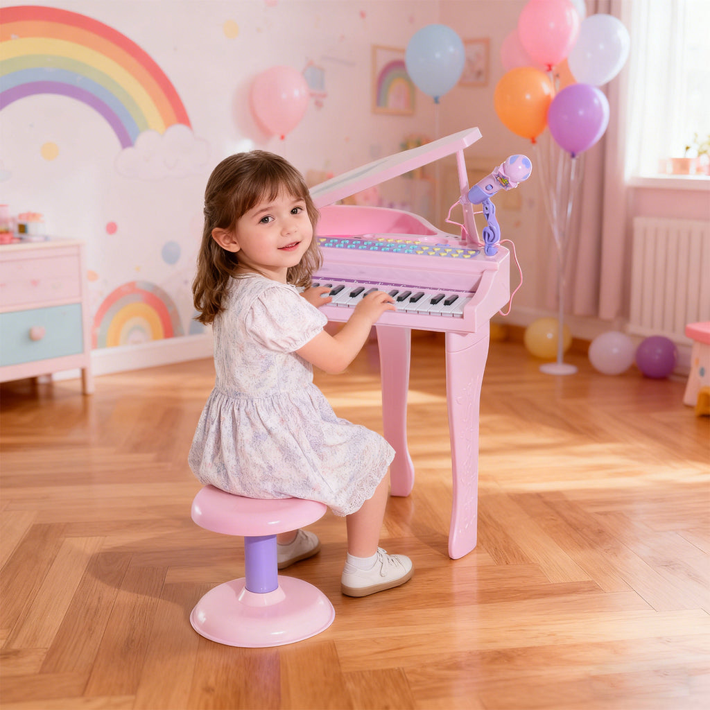 Piano para Crianças com 37 Teclas Piano Infantil com Microfone Banco Luzes 22 Músicas e Entrada para MP3 e USB 48x39x69 cm Rosa — foto 2