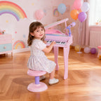 Piano para Crianças com 37 Teclas Piano Infantil com Microfone Banco Luzes 22 Músicas e Entrada para MP3 e USB 48x39x69 cm Rosa — foto 2