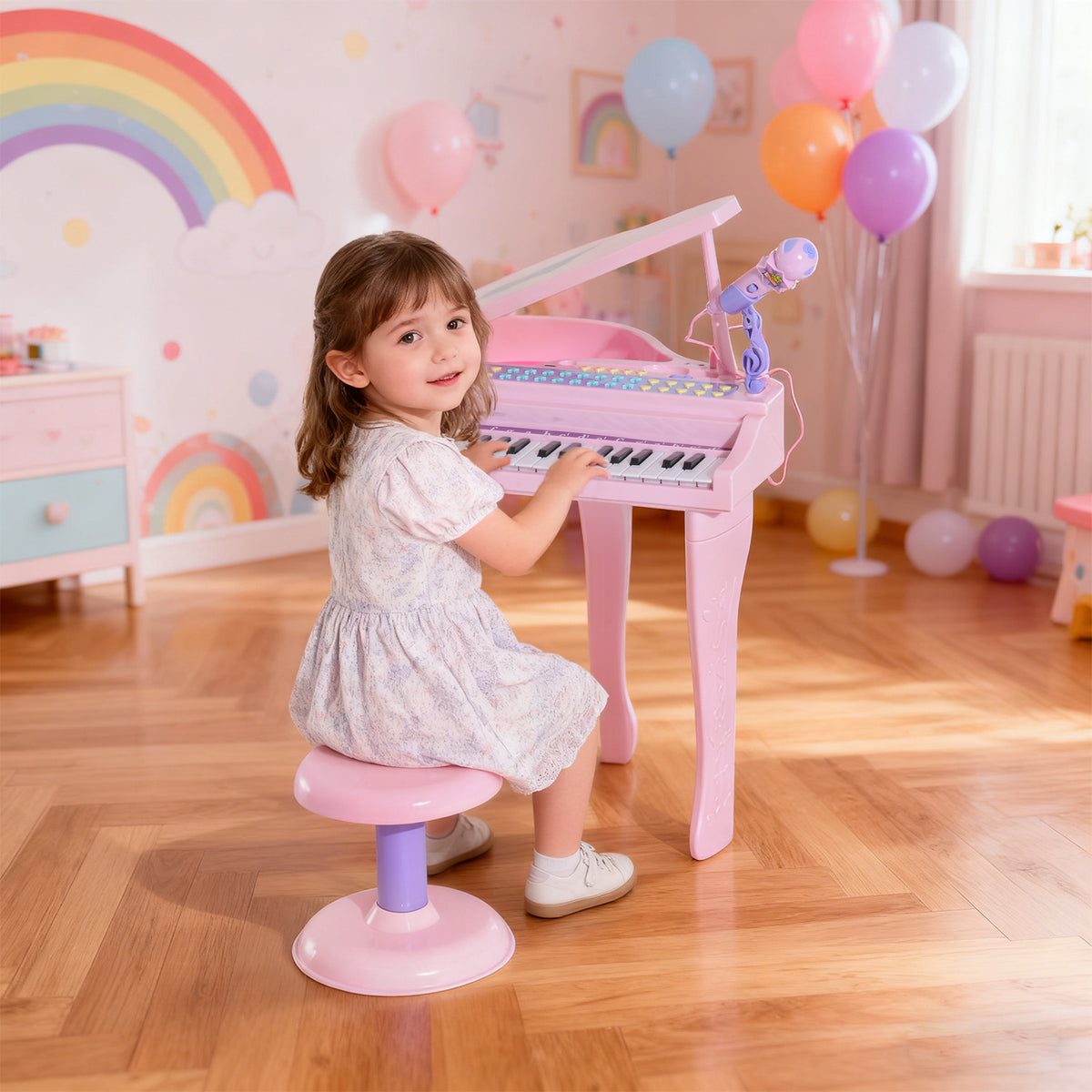 Piano para Crianças com 37 Teclas Piano Infantil com Microfone Banco Luzes 22 Músicas e Entrada para MP3 e USB 48x39x69 cm Rosa — foto 2