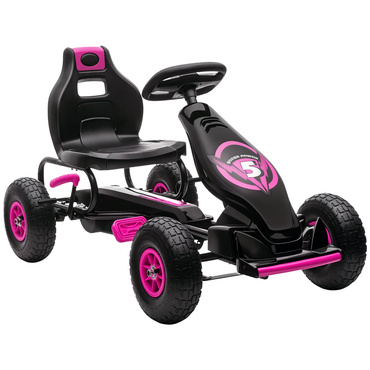 Kart a Pedais para Crianças 5-12 Anos Kart a Pedais Infantil com Assento Ajustável Pneus Insufláveis Amortecimento e Travão de Mão Carga Máx. 50kg 121x58x61 cm Rosa — foto 1
